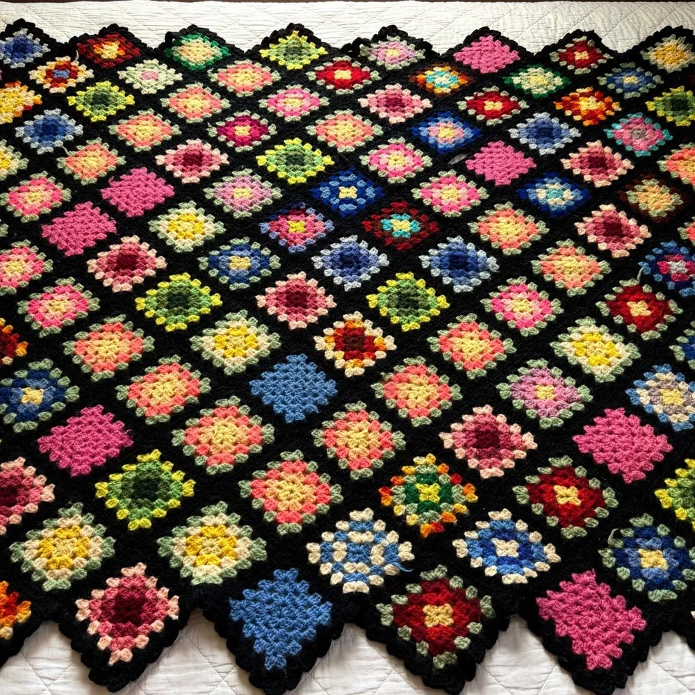 Vintage Crochet Granny Square Blanket 50”x70” Black Multicolor Afghan Boho Retro